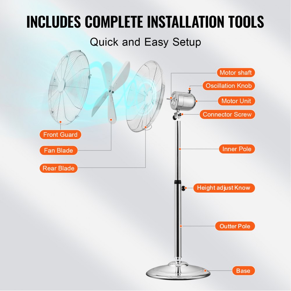 VEVOR Industrial Pedestal Fan, 16 Inch Oscillating Standing Fan, Adjustable Height Floor Stand Floor fan with 3 Adjustable Speeds, High Power Tall Fan for Bedroom, Living Room, Home Office
