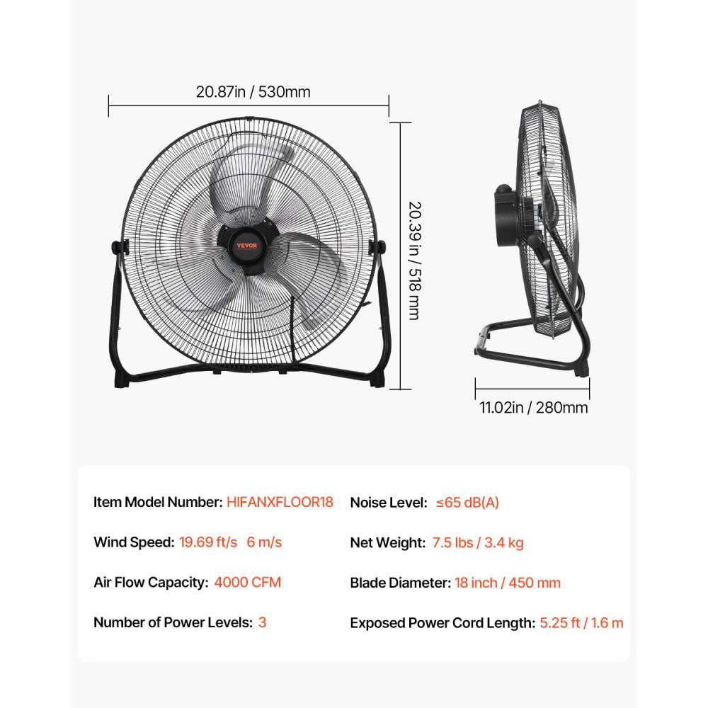 VEVOR Floor Fan, 3 Speeds High Velocity Heavy Duty 18 Inch Industrial Fan, 4000 CFM 360° Adjustable Tilt 19.69 ft/sec Airflow Large Metal Fan, for Home, Gym, Office, Garage, Commercial Shop & Bedroom