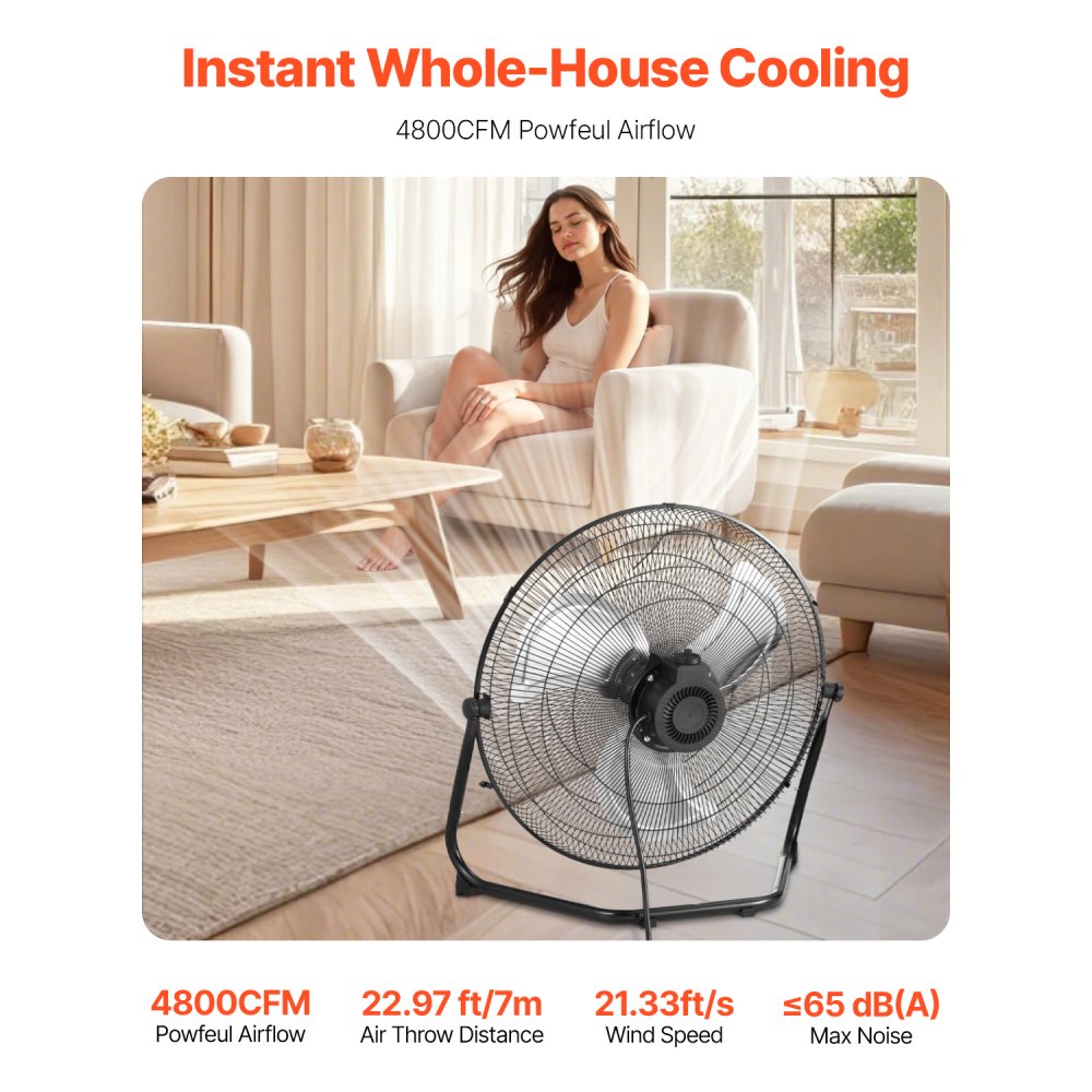 VEVOR Floor Fan, 3 Speeds High Velocity Heavy Duty 20 Inch Industrial Fan, 4800 CFM 360° Adjustable Tilt 21.33 ft/sec Airflow Large Metal Fan, for Home, Gym, Office, Garage, Commercial Shop & Bedroom