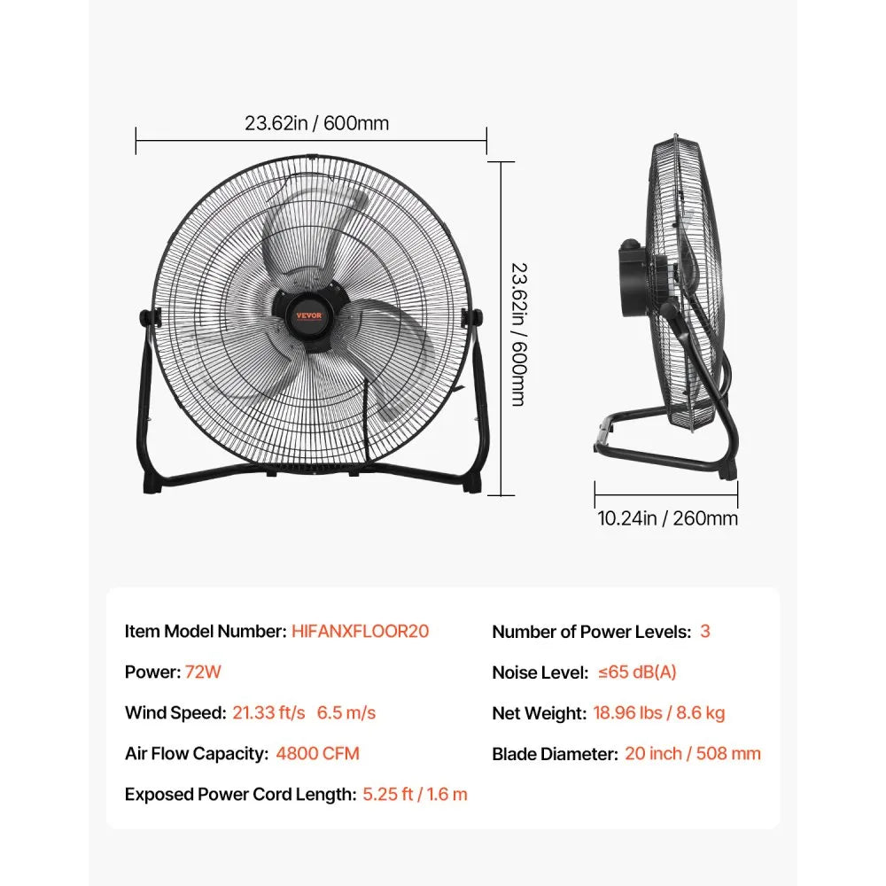 VEVOR Floor Fan, 3 Speeds High Velocity Heavy Duty 20 Inch Industrial Fan, 4800 CFM 360° Adjustable Tilt 21.33 ft/sec Airflow Large Metal Fan, for Home, Gym, Office, Garage, Commercial Shop & Bedroom