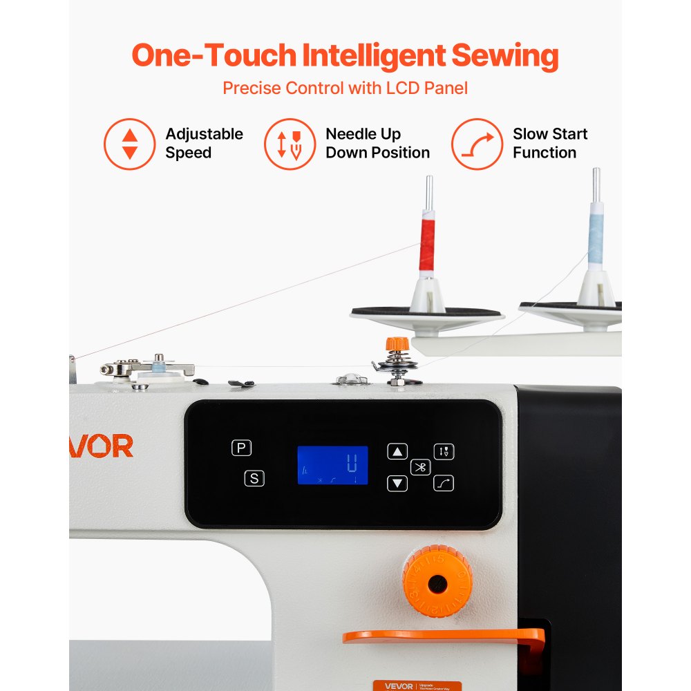 VEVOR Industrial Sewing Machine, 550W Lockstitch Sewing Machine Set with Servo Motor and Table Stand, Auto Thread Trimmer, 5000 SPM High Speed, Metal Frame, LCD Panel, LED Light, for Cotton, Denim