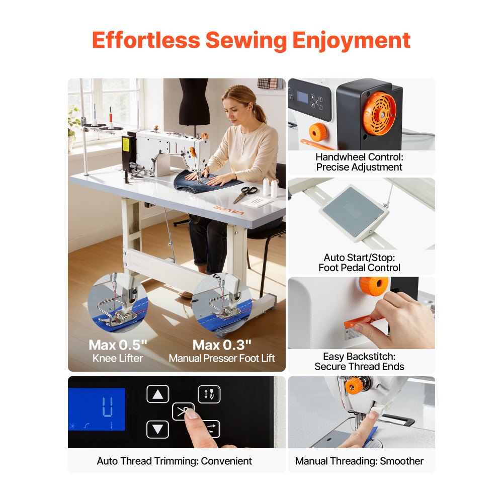 VEVOR Industrial Sewing Machine, 550W Lockstitch Sewing Machine Set with Servo Motor and Table Stand, Auto Thread Trimmer, 5000 SPM High Speed, Metal Frame, LCD Panel, LED Light, for Cotton, Denim