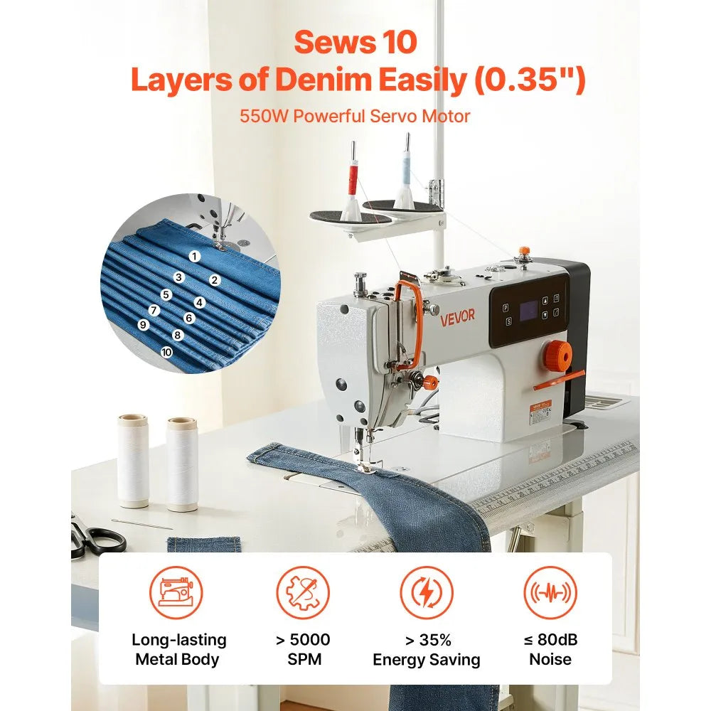 VEVOR Industrial Sewing Machine, 550W Lockstitch Sewing Machine Set with Servo Motor and Table Stand, 5000 SPM High Speed, Metal Frame, LCD Panel, LED Light, for Cotton, Wool, Denim, Leather, Canvas