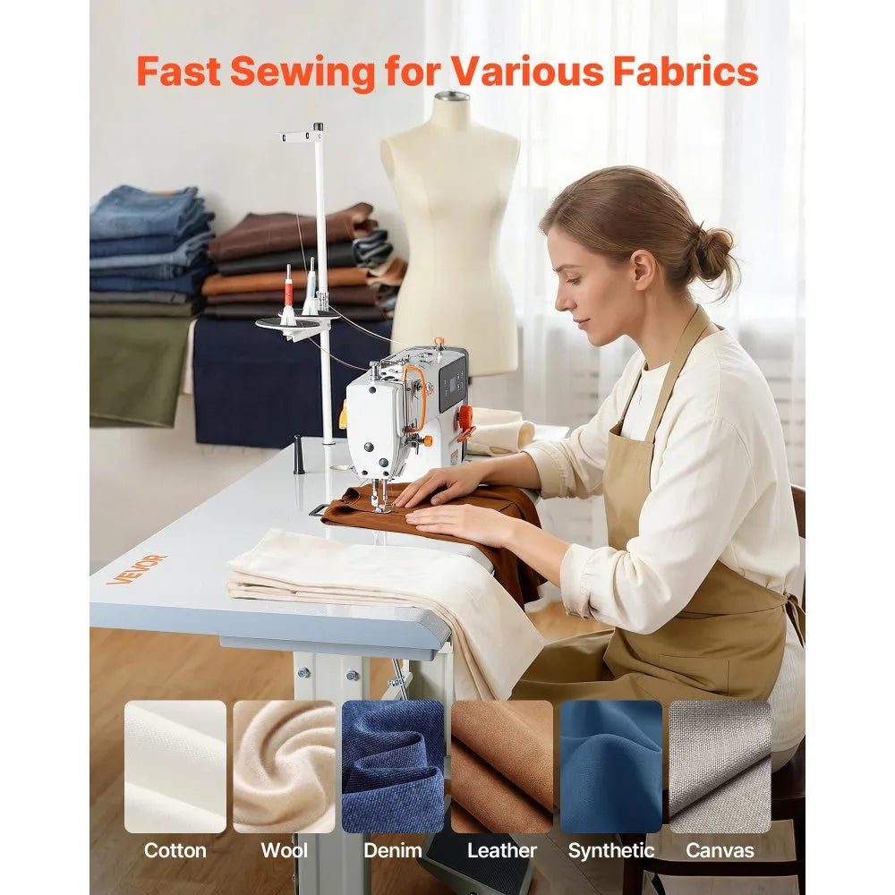 VEVOR Industrial Sewing Machine, 550W Lockstitch Sewing Machine Set with Servo Motor and Table Stand, 5000 SPM High Speed, Metal Frame, LCD Panel, LED Light, for Cotton, Wool, Denim, Leather, Canvas