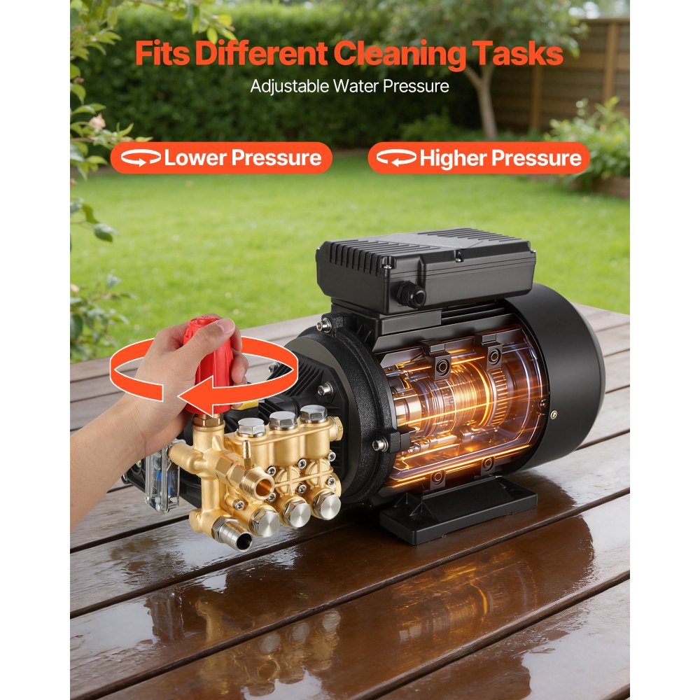 VEVOR Electric Pressure Washer Pump Kit, 1950 PSI, 3.2 GPM, Triplex Power Washer Pump with 5 HP Motor 240 V, Adjustable Water Pressure, for Washing Cars, Gardens, Exterior Walls, Deck, Machinery Equipment