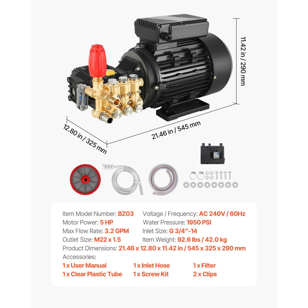 VEVOR Electric Pressure Washer Pump Kit, 1950 PSI, 3.2 GPM, Triplex Power Washer Pump with 5 HP Motor 240 V, Adjustable Water Pressure, for Washing Cars, Gardens, Exterior Walls, Deck, Machinery Equipment