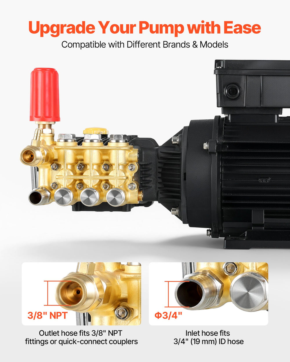 VEVOR Electric Pressure Washer Pump Kit connection sizes (3/8 in NPT outlet, 3/4 in inlet)