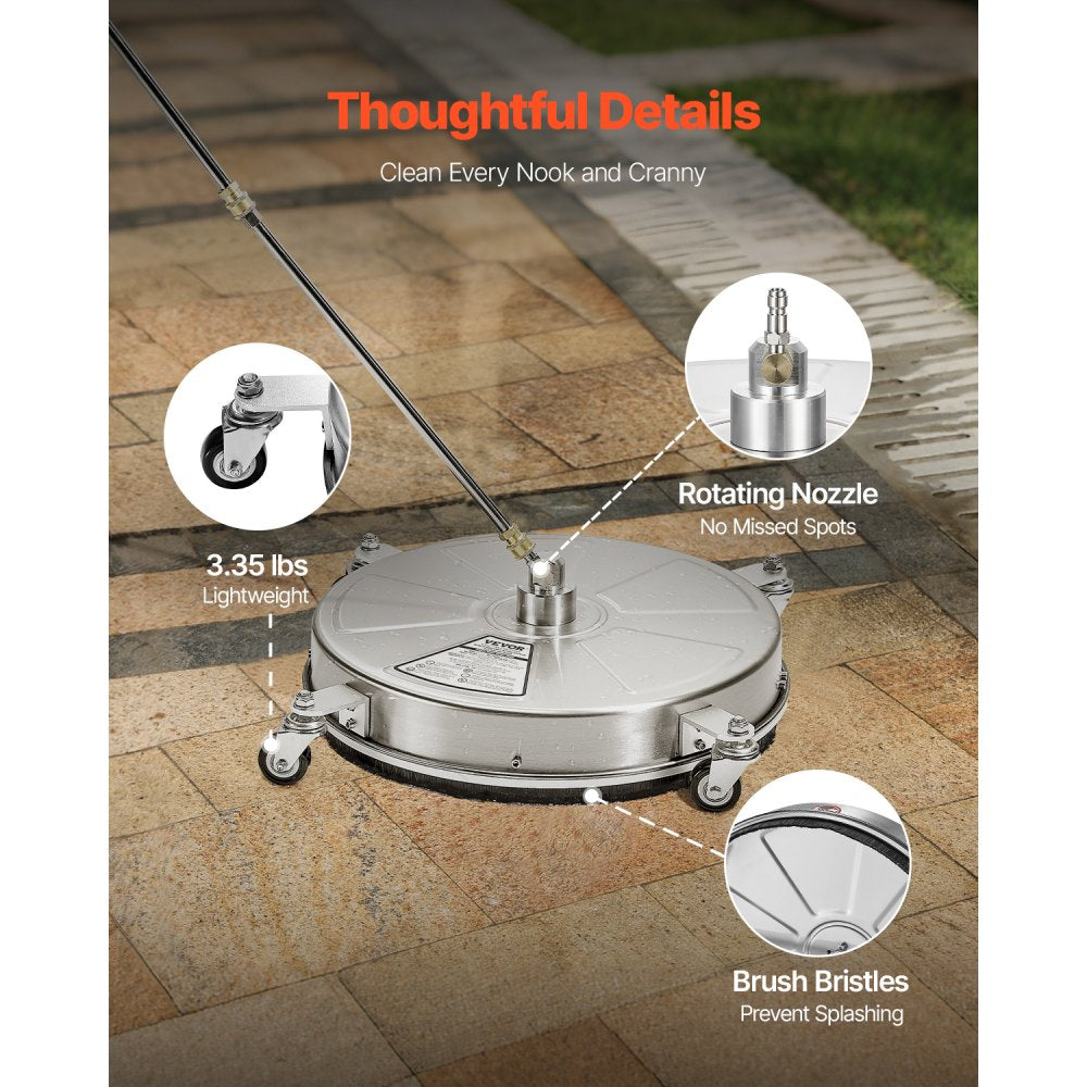 VEVOR 18" Pressure Washer Surface Cleaner, Stainless Steel Pressure Washer Attachments with 4 Wheels, 4000 Max PSI, 1/4 Quick Connector, 2 Spray Nozzles, 2 Extended Wands for Concrete, Patio, Deck