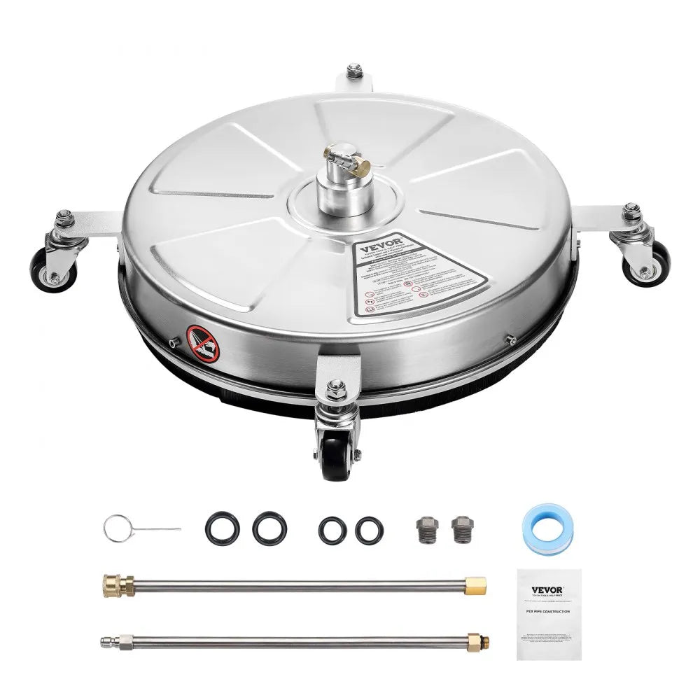 VEVOR 18" Pressure Washer Surface Cleaner, Stainless Steel Pressure Washer Attachments with 4 Wheels, 4000 Max PSI, 1/4 Quick Connector, 2 Spray Nozzles, 2 Extended Wands for Concrete, Patio, Deck