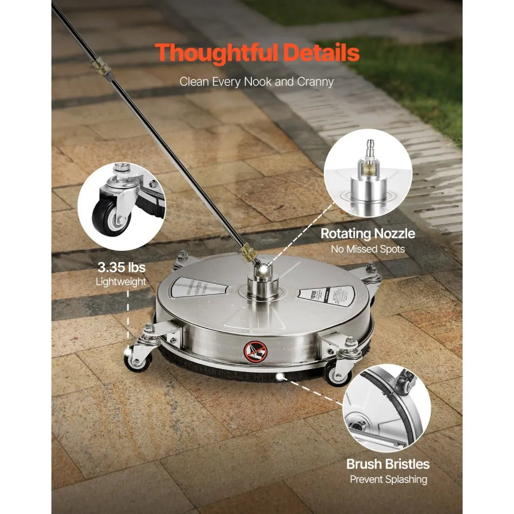 VEVOR 15" Pressure Washer Surface Cleaner, Stainless Steel Pressure Washer Attachments with 4 Wheels, 4000 Max PSI, 1/4 Quick Connector, 2 Spray Nozzles, 2 Extended Wands for Concrete, Patio, Deck