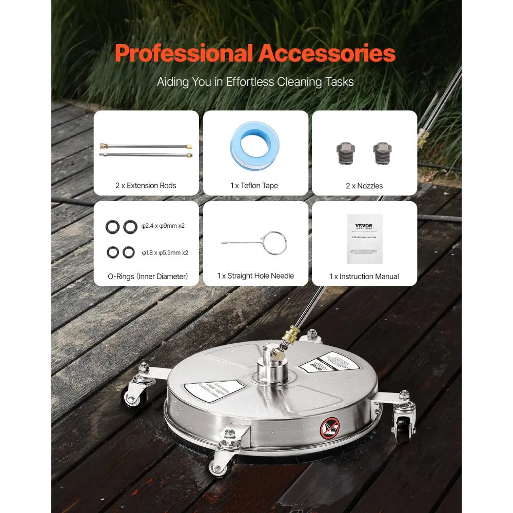 VEVOR 15" Pressure Washer Surface Cleaner, Stainless Steel Pressure Washer Attachments with 4 Wheels, 4000 Max PSI, 1/4 Quick Connector, 2 Spray Nozzles, 2 Extended Wands for Concrete, Patio, Deck