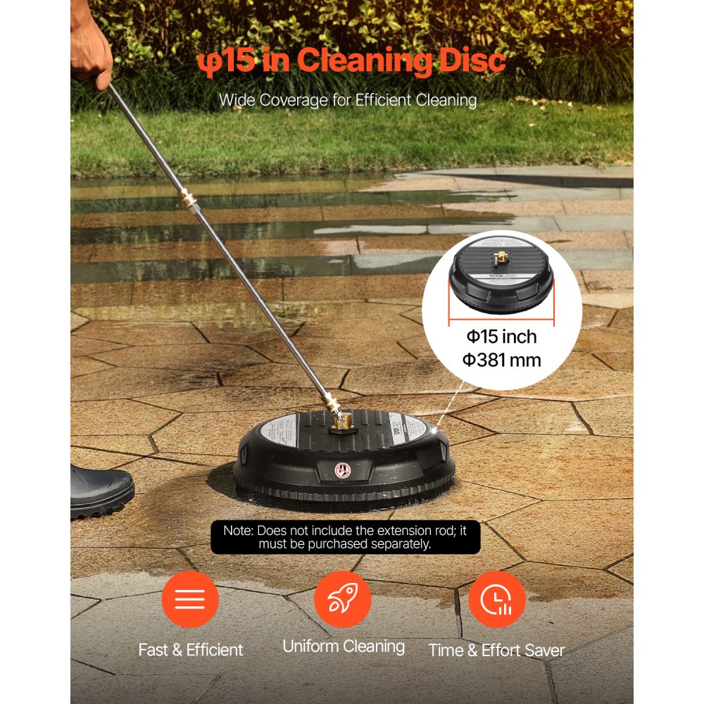 VEVOR 15" Pressure Washer Surface Cleaner, Plastic Pressure Washer Attachment, 4000 Max PSI, 1/4" Quick Connector, 2 Spray Nozzles, Ideal for Driveways, Sidewalks, Patios, Decks, Black