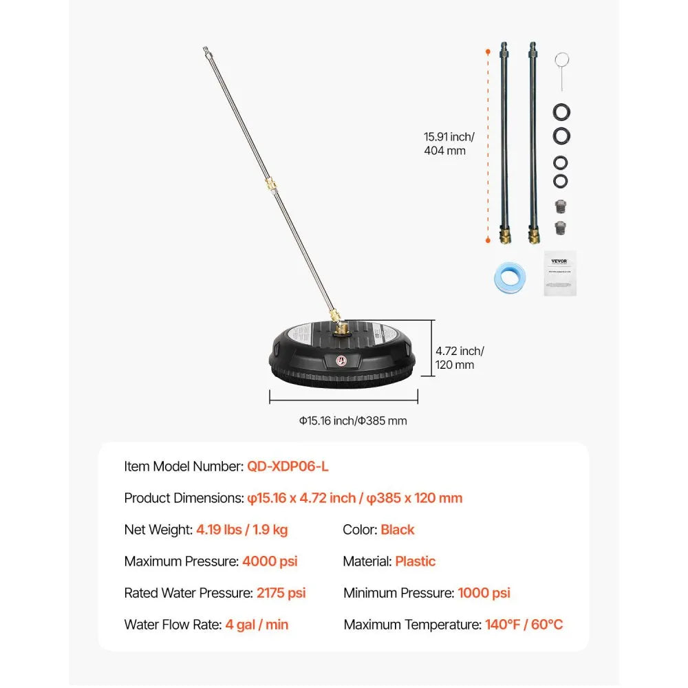 VEVOR 15" Pressure Washer Surface Cleaner, 4000 Max PSI, 1/4 Quick Connector, 2 Spray Nozzles, 2 Extended Wands for Driveway, Sidewalk, Patio, Deck