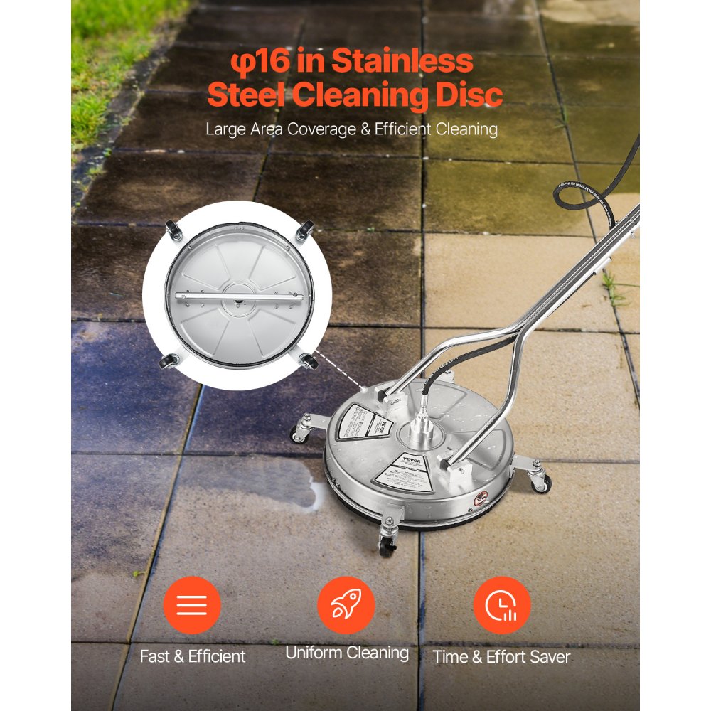 VEVOR 18" Pressure Washer Surface Cleaner, Stainless Steel Pressure Washer Attachments with 4 Wheels, 4000 Max PSI, 3/8 Quick Connector, 2 Spray Nozzles, Dual Handle, for Concrete, Patio, Sidewalk