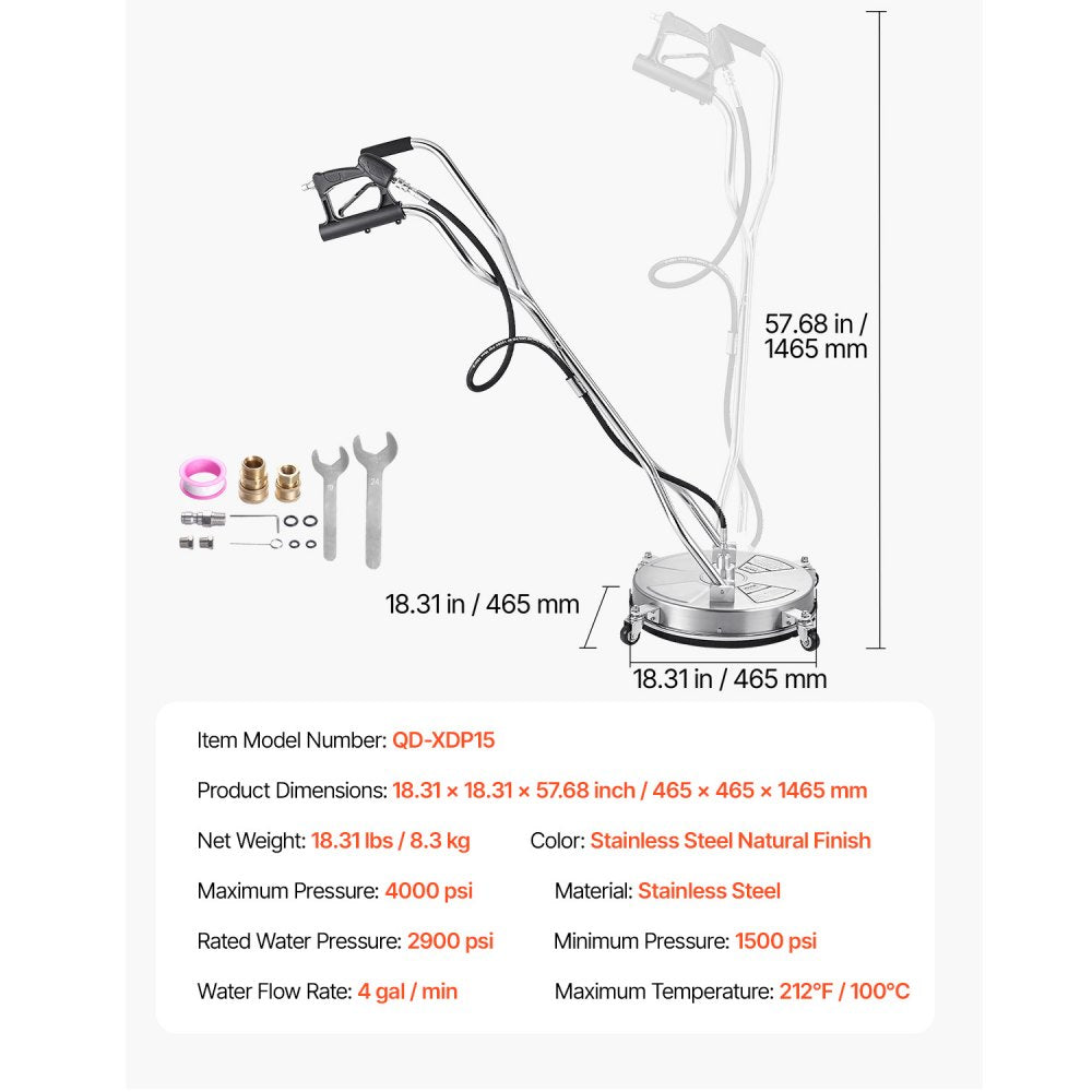 VEVOR 18" Pressure Washer Surface Cleaner, Stainless Steel Pressure Washer Attachments with 4 Wheels, 4000 Max PSI, 3/8 Quick Connector, 2 Spray Nozzles, Dual Handle, for Concrete, Patio, Sidewalk