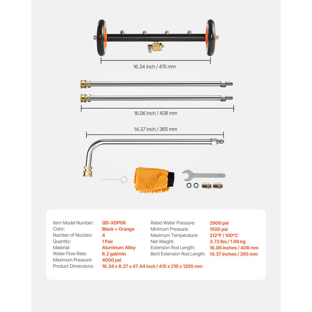 VEVOR 16" Pressure Washer Undercarriage Cleaner, Stainless Steel Surface Cleaner for Pressure Washer, 4000 Max PSI, Angle Adjustment Gear, 4 Spray Nozzles, 2 Extended Wands for Driveway, Patio, Deck