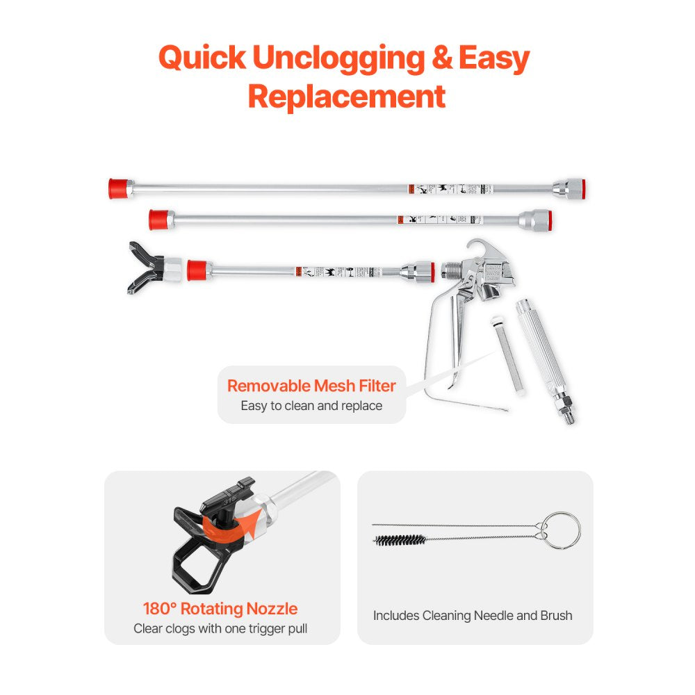 VEVOR Airless Paint Spray Gun and Hose Kit, 3600PSI High Pressure Paint Sprayer Hose Set with 5 Tips, 211, 315, 417, 517, 623, Swivel Joint Airless Spray Gun Kit with Filters, Hose and Extension Rods