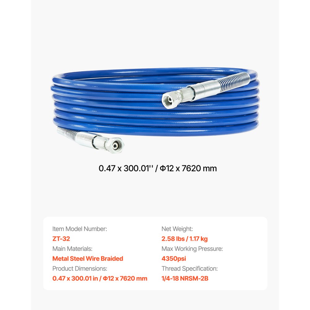 VEVOR 25ft Airless Paint Sprayer Hose, 1/4 in Universal Airless Paint Spray Hose, 4350 PSI High Pressure Flexible Airless Sprayer Hose, Multi-Layer Reinforced Steel Wire Braid Hose for Paint Sprayer