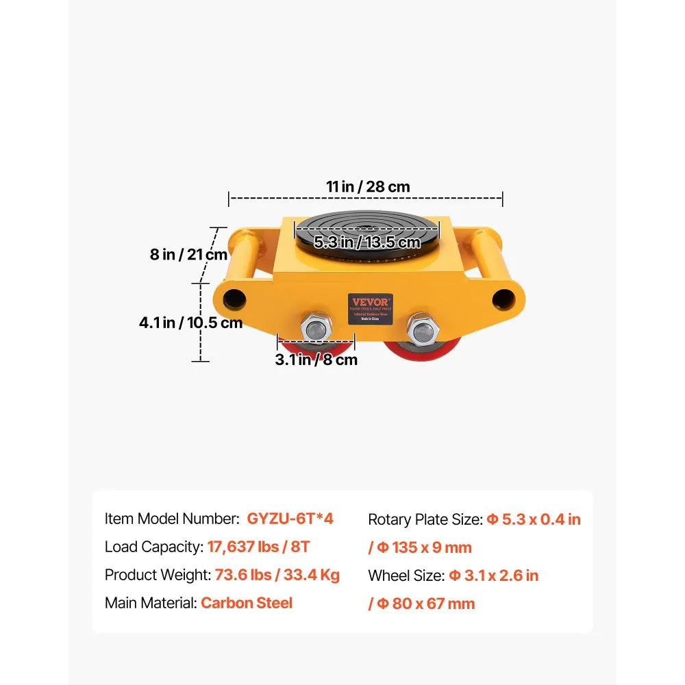 VEVOR 4PCS Machinery Skate Dolly, 17637 LBS/8T Industrial Machinery Mover, Heavy Duty Carbon Steel Machinery Moving Skate with 4 PU Wheels and 360° Rotation Non-Slip Cap for Warehouse, Workshop, Facto