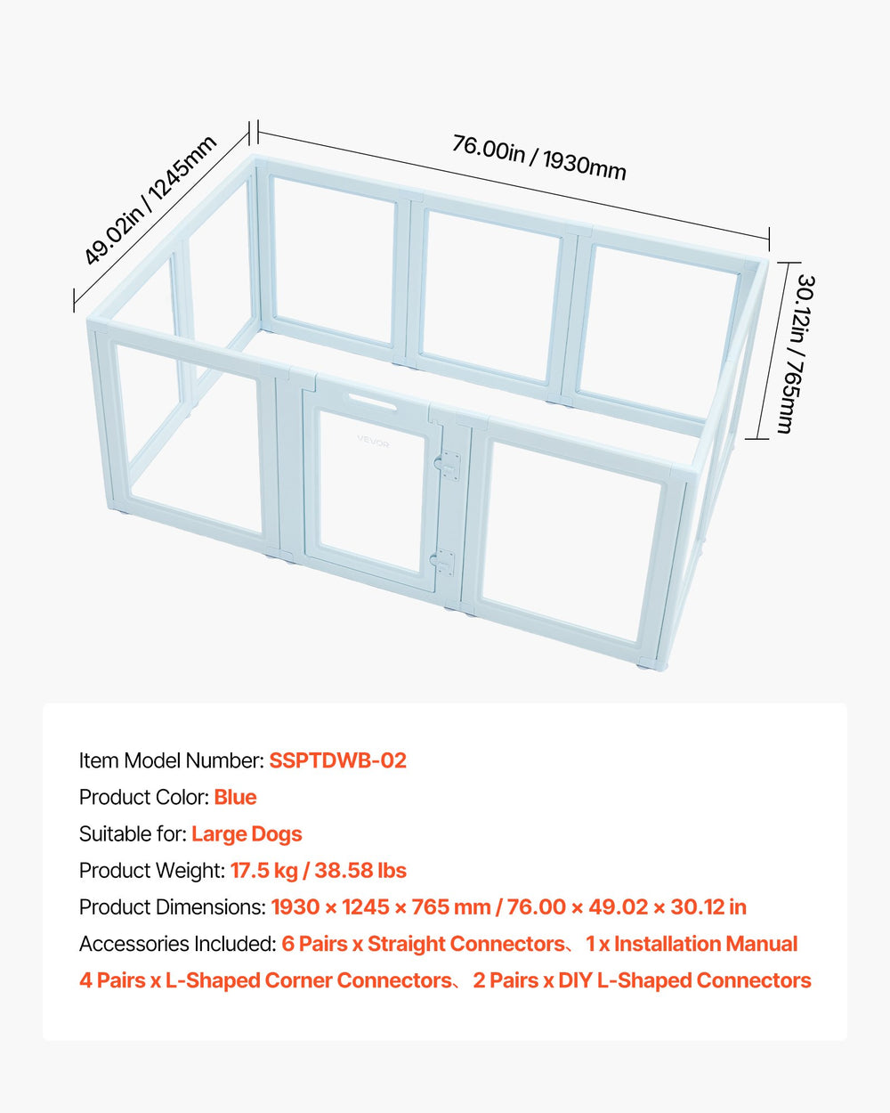 VEVOR dog whelping box dimensions and model number SSPTDWB-02 specification graphic