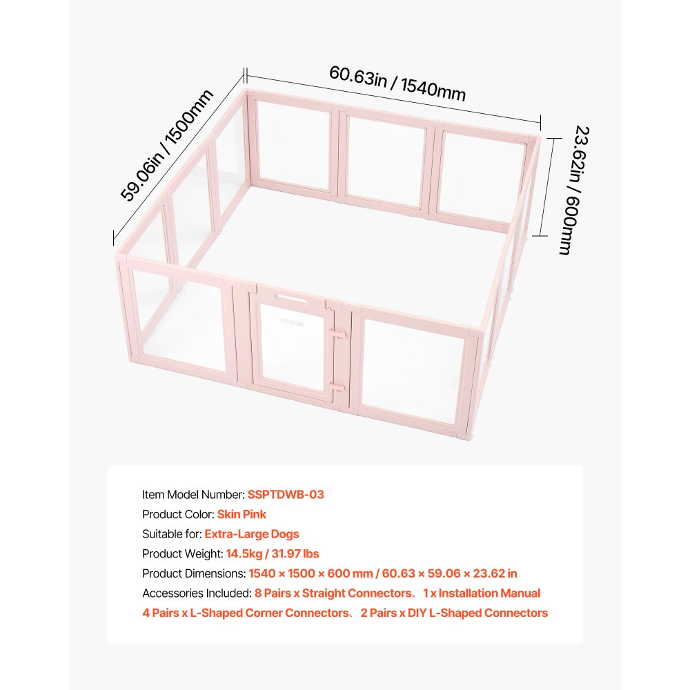 VEVOR Dog Whelping Box, 60x59x23 in Transparent Plastic Dog Whelping Pen for X-Large Sized Dogs, Waterproof Puppy Playpen with Windows & Door Lock, Easy to Clean, Durable Indoor Pet Dogs Cats Birth Kit