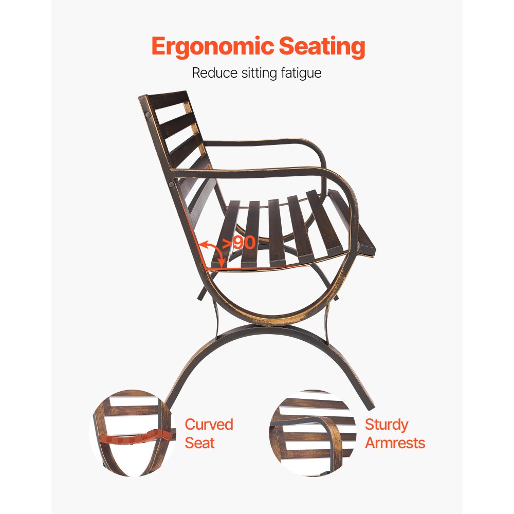 VEVOR Outdoor Bench, 50 inch, Carbon Steel Metal Frame with Slatted Pattern Backrest and Round Edge Armrests, Weatherproof Outside Bench for Patio, Garden, Park, Yard, Front Porch, Antique Bronze