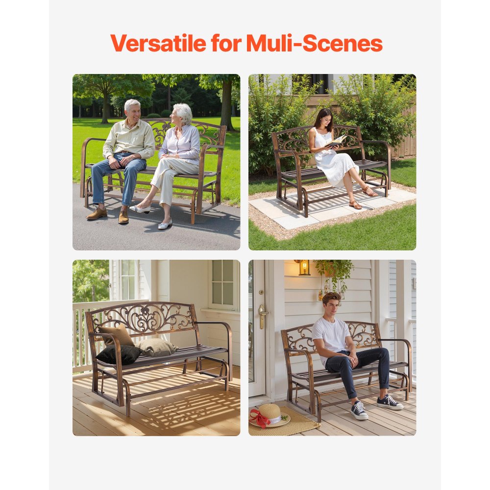 VEVOR Outdoor Bench, 50 inch, Carbon Steel Metal Frame with Cast Iron Backrest and Round Edge Armrests, Weatherproof Outside Glider Bench for Patio, Garden, Park, Yard, Front Porch, Antique Bronze