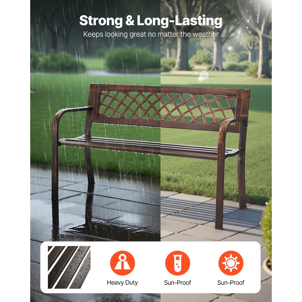 VEVOR Outdoor Bench, 46 inch, Carbon Steel Metal Frame with PVC Mesh Pattern Backrest and Round Edge Armrests, Weatherproof Outside Bench for Patio, Garden, Park, Yard, Front Porch, Antique Bronze