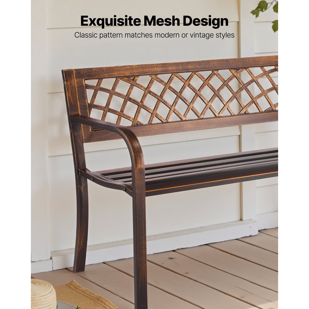 VEVOR Outdoor Bench, 46 inch, Carbon Steel Metal Frame with PVC Mesh Pattern Backrest and Round Edge Armrests, Weatherproof Outside Bench for Patio, Garden, Park, Yard, Front Porch, Antique Bronze