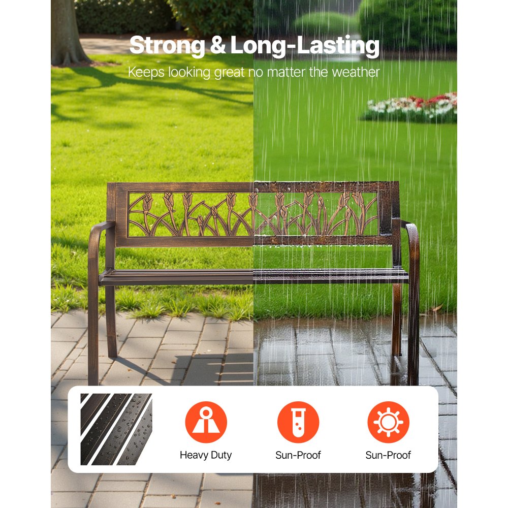 VEVOR Outdoor Bench, 50 inch, Carbon Steel Metal Frame with PVC Floral Pattern Backrest and Round Edge Armrests, Weatherproof Outside Bench for Patio, Garden, Park, Yard, Front Porch, Antique Bronze