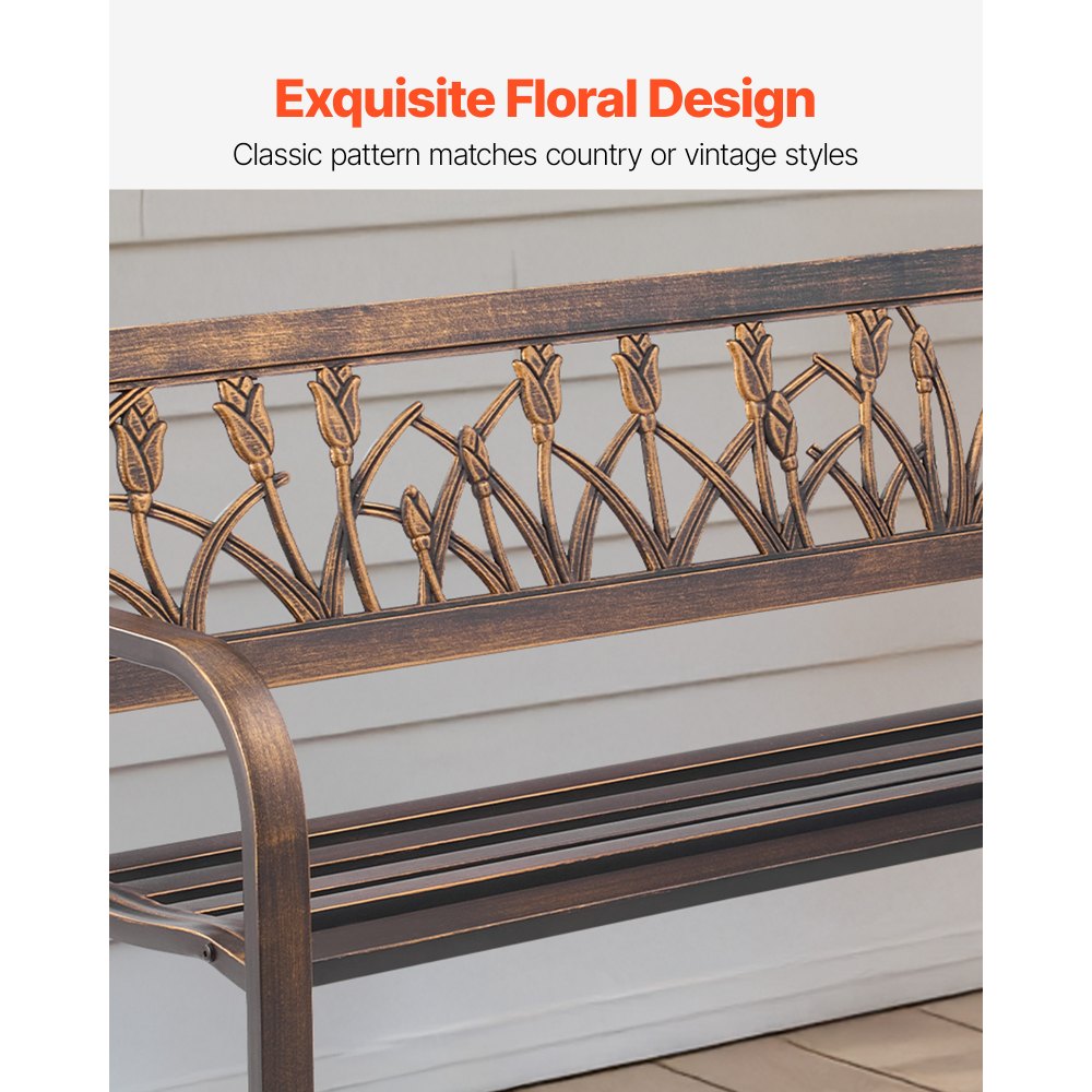 VEVOR Outdoor Bench, 50 inch, Carbon Steel Metal Frame with PVC Floral Pattern Backrest and Round Edge Armrests, Weatherproof Outside Bench for Patio, Garden, Park, Yard, Front Porch, Antique Bronze