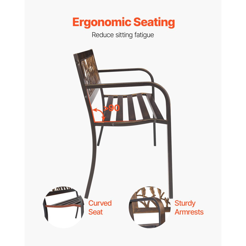 VEVOR Outdoor Bench, 50 inch, Carbon Steel Metal Frame with PVC Floral Pattern Backrest and Round Edge Armrests, Weatherproof Outside Bench for Patio, Garden, Park, Yard, Front Porch, Antique Bronze