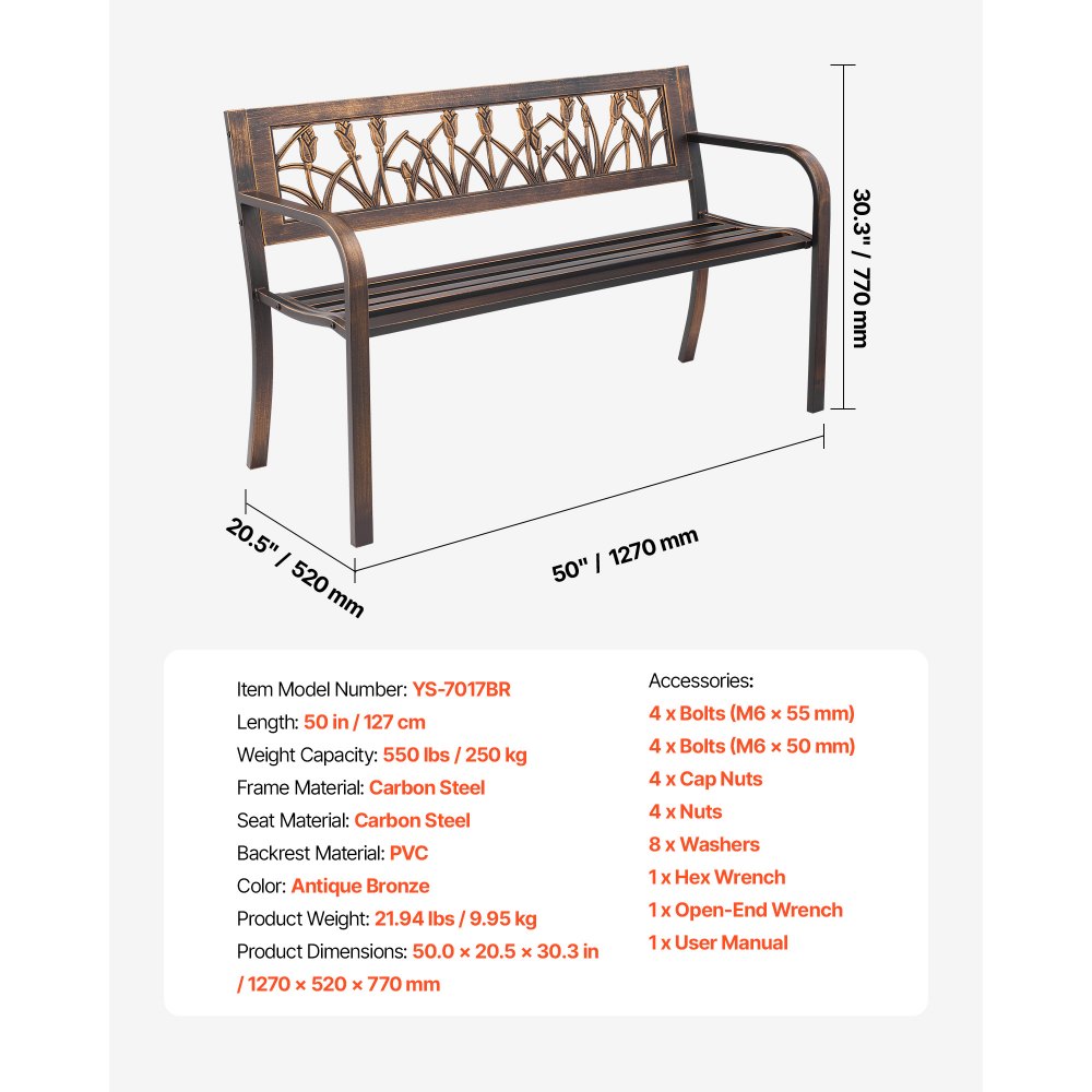 VEVOR Outdoor Bench, 50 inch, Carbon Steel Metal Frame with PVC Floral Pattern Backrest and Round Edge Armrests, Weatherproof Outside Bench for Patio, Garden, Park, Yard, Front Porch, Antique Bronze