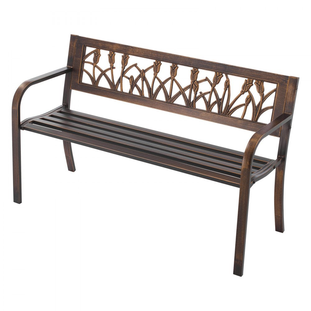 VEVOR Outdoor Bench, 50 inch, Carbon Steel Metal Frame with PVC Floral Pattern Backrest and Round Edge Armrests, Weatherproof Outside Bench for Patio, Garden, Park, Yard, Front Porch, Antique Bronze