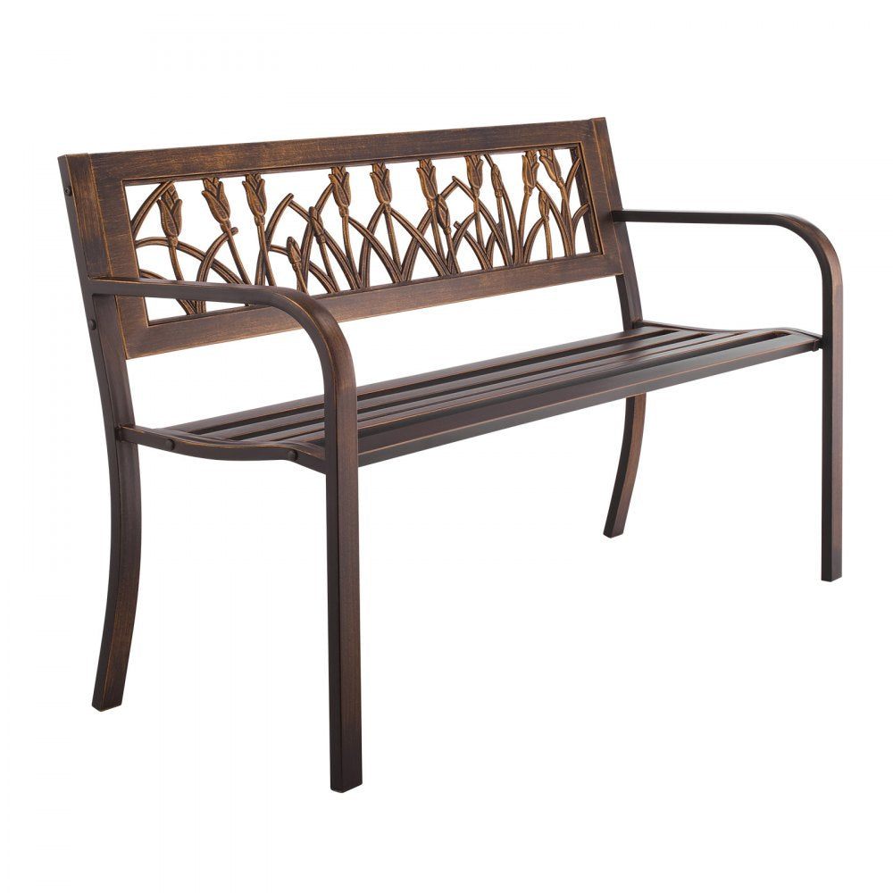 VEVOR Outdoor Bench, 50 inch, Carbon Steel Metal Frame with PVC Floral Pattern Backrest and Round Edge Armrests, Weatherproof Outside Bench for Patio, Garden, Park, Yard, Front Porch, Antique Bronze