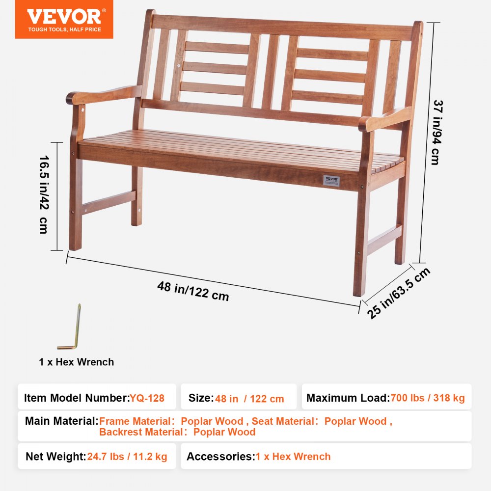 VEVOR Outdoor Bench, 48 inches Wood Garden Bench for Outdoors, Outdoor Garden Park Bench with Backrest and Armrests, 700 lbs Load Capacity Bench, Patio Bench for Garden, Park, Yard, Front Porch