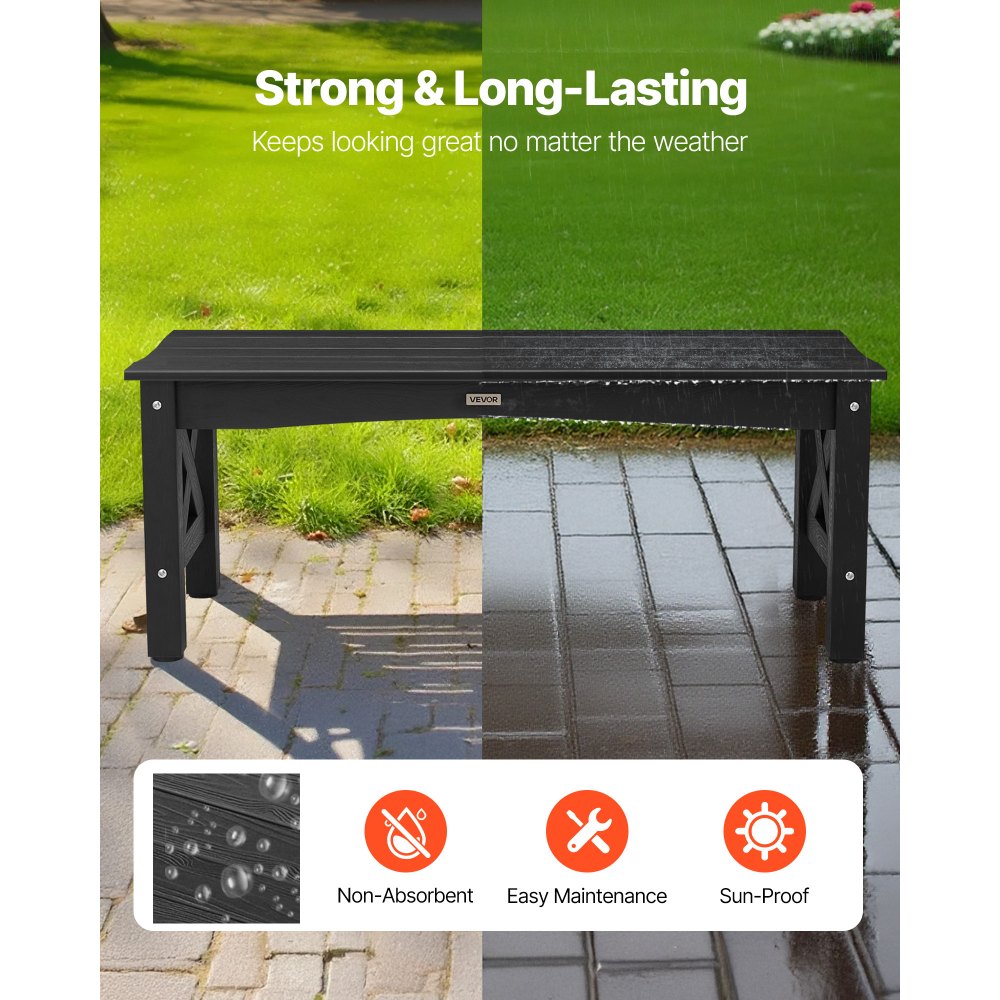 VEVOR Outdoor Bench, 44.5 inch, 600 lbs Weight Capacity, Weatherproof Plastic Frame with Adjustable Level Footpads and Thick Leg, Outside Bench for Patio, Garden, Park, Yard, Front Porch, Black