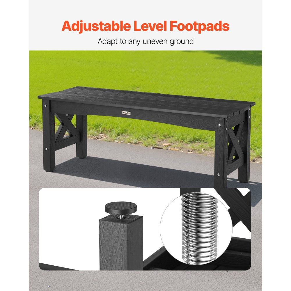 VEVOR Outdoor Bench, 44.5 inch, 600 lbs Weight Capacity, Weatherproof Plastic Frame with Adjustable Level Footpads and Thick Leg, Outside Bench for Patio, Garden, Park, Yard, Front Porch, Black