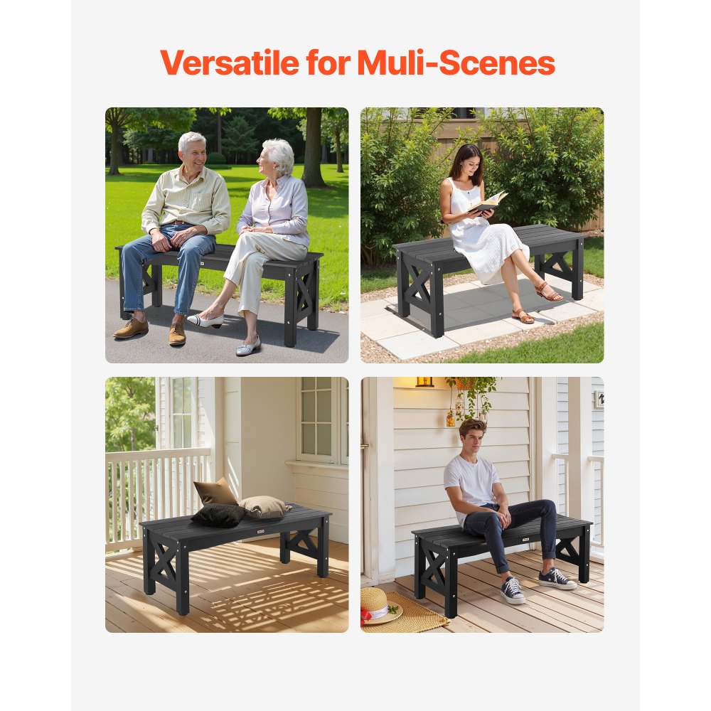 VEVOR Outdoor Bench, 44.5 inch, 600 lbs Weight Capacity, Weatherproof Plastic Frame with Adjustable Level Footpads and Thick Leg, Outside Bench for Patio, Garden, Park, Yard, Front Porch, Black