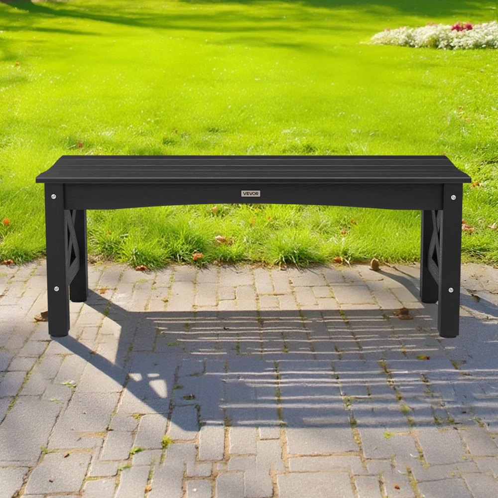 VEVOR Outdoor Bench, 44.5 inch, 600 lbs Weight Capacity, Weatherproof Plastic Frame with Adjustable Level Footpads and Thick Leg, Outside Bench for Patio, Garden, Park, Yard, Front Porch, Black