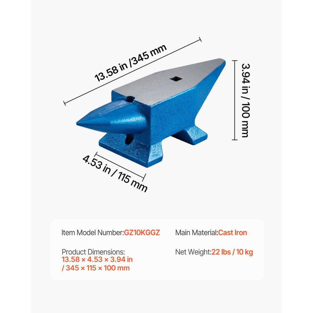 VEVOR Single Horn Anvil 22Lbs Steel Anvil Blacksmith for Sale Forge Steel Tools with Round and Square Hole and Equipment Anvil Rugged Blacksmith Jewelers Durable and Robust Metalsmith Tool