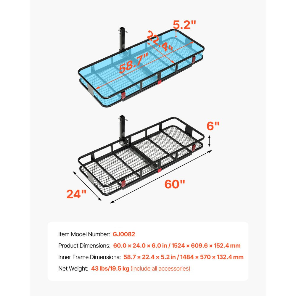 VEVOR 60" x 24" x 6", Hitch Cargo Carrier, 500 lbs Capacity Hitch Cargo Carrier with Nighttime Reflective Reminder, Folding Hitch Mount Cargo Carrier with Hitch Stabilizer, Fit for SUVs