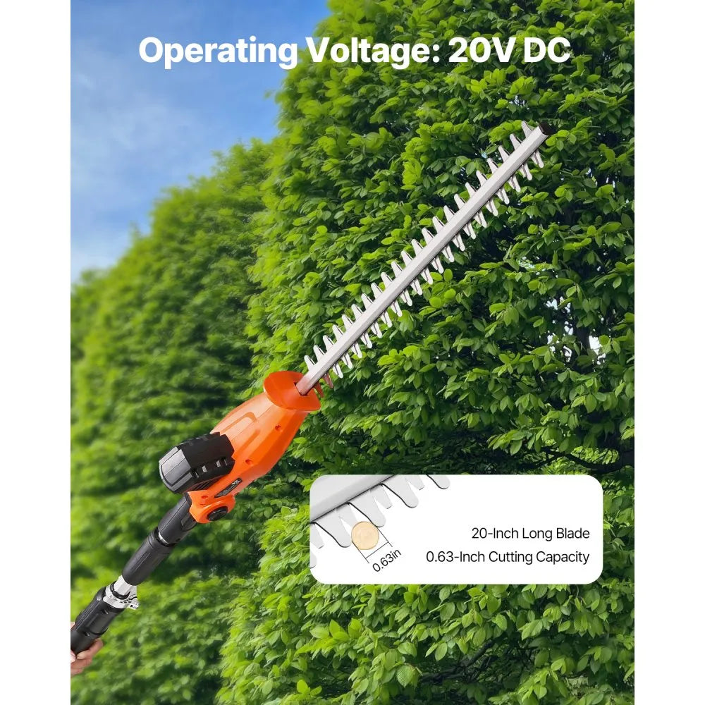 VEVOR Electric Hedge Trimmer, 1200 RPM, 6.2 - 7.8 Ft Extendable, Pole Hedge Trimmer for High Branch, 20V Battery, Cordless Hedge Trimmer with 20 in Blade, 5 Angles Adjustable for Yard Garden