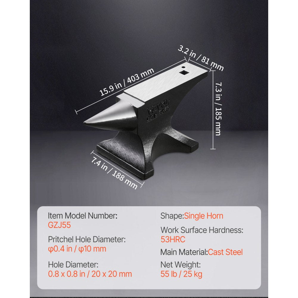 VEVOR Single Horn Anvil, 55lbs Cast Steel Anvil, High Hardness Rugged Round Horn Anvil for Blacksmiths, with Large Countertop and Stable Base, Metal Working Tool for Metal Bending, Shaping, Twisting
