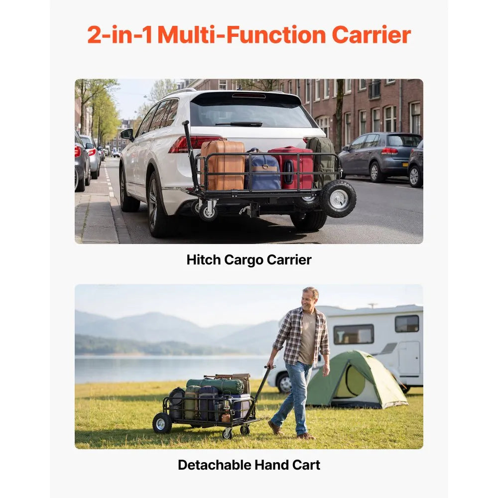 VEVOR Hitch Mount Cargo Carrier on Wheels, 36.2" x 21.3" x 11.8", 2-in-1 Folding Rear Luggage Rack Basket & Cargo Cart with Hitch Stabilizer, Fits 2" Receiver for SUV Pickups, 400LBS Load Capacity