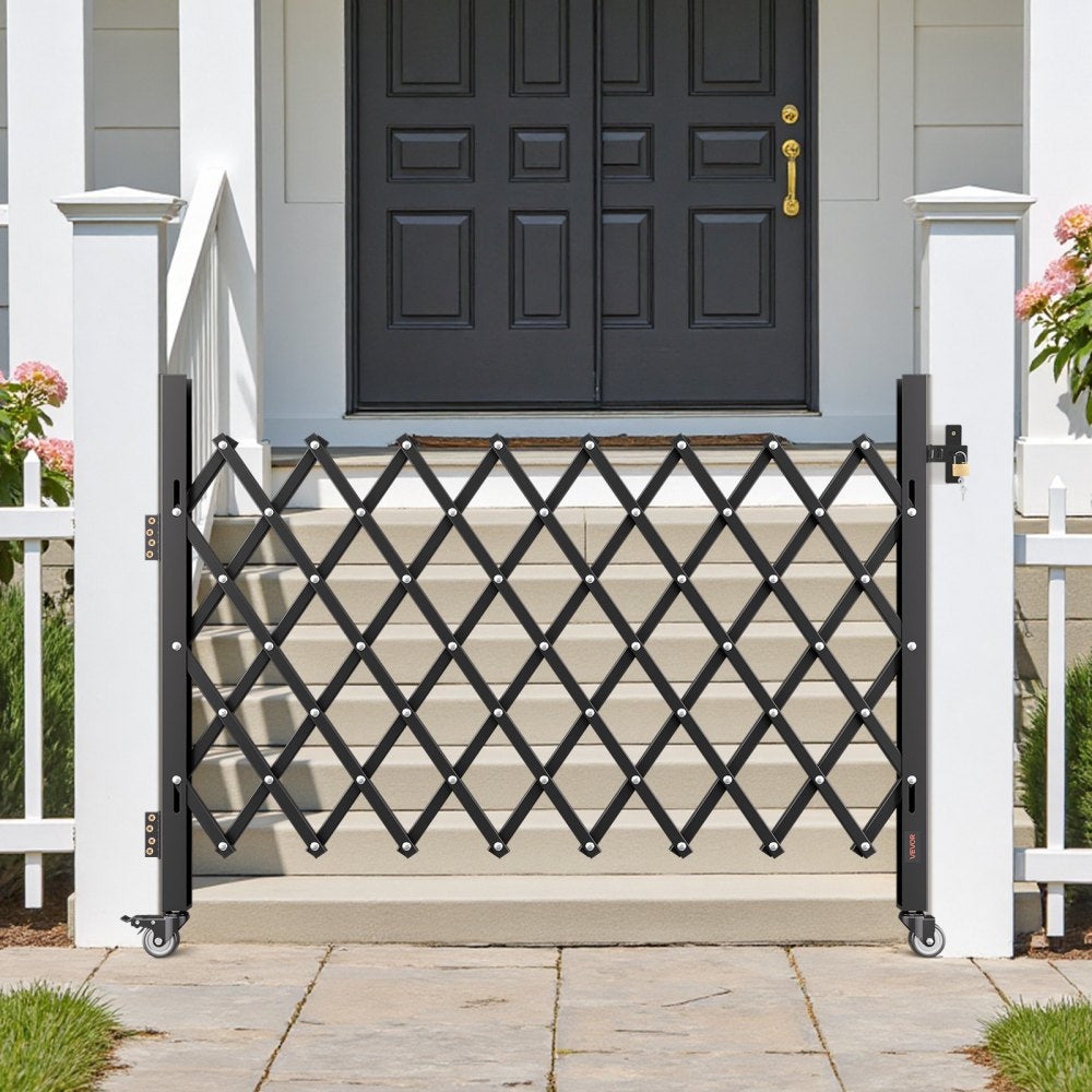 VEVOR Single Folding Security Gate, Lockable Scissor Gate with 360° Swivel Casters, Outdoor Barricade Steel Retractable Gates, for Entry Security, Garage, Warehouse & Pool, 66.93 x 51.57 in (W x H)