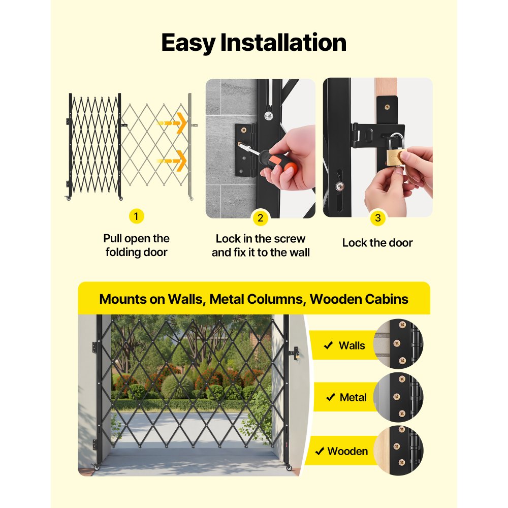 VEVOR Single Folding Security Gate, Lockable Scissor Gate with 360° Swivel Casters, Outdoor Barricade Steel Retractable Gates, for Entry Security, Garage, Warehouse & Pool, 70.87 x 63.39 in (W x H)