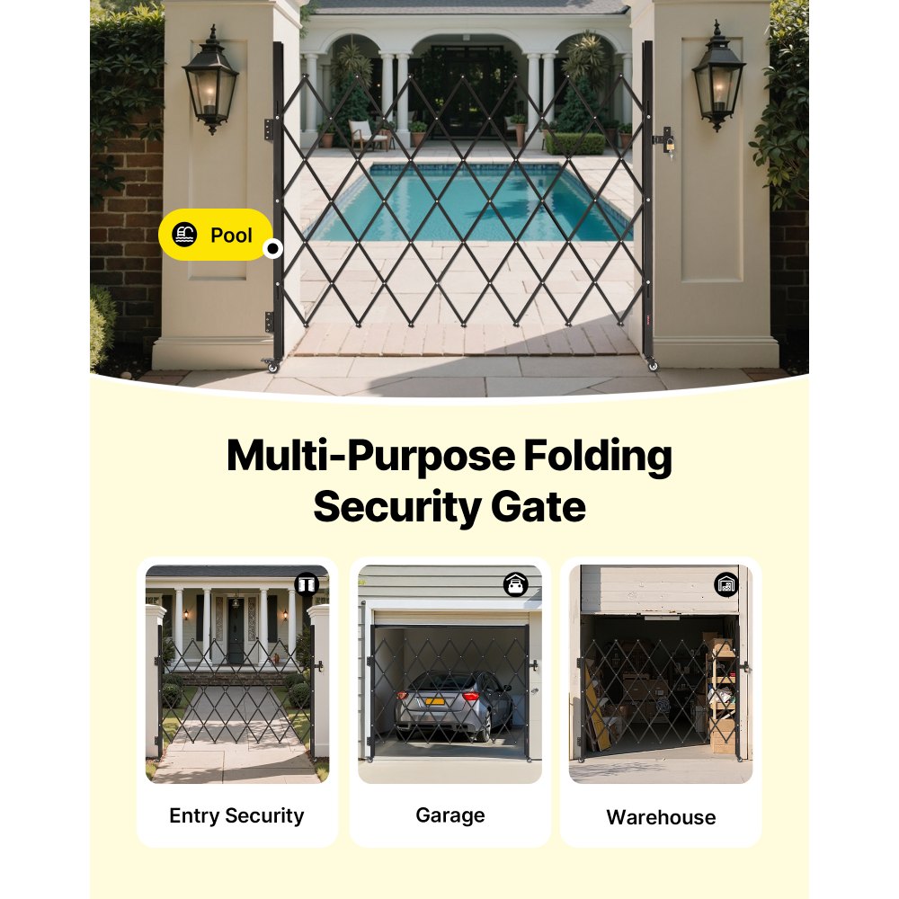 VEVOR Single Folding Security Gate, Lockable Scissor Gate with 360° Swivel Casters, Outdoor Barricade Steel Retractable Gates, for Entry Security, Garage, Warehouse & Pool, 70.87 x 63.39 in (W x H)