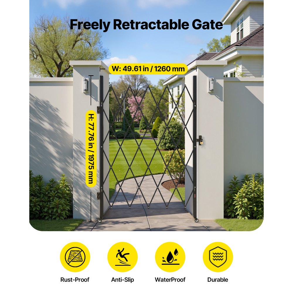 VEVOR Single Folding Security Gate, Lockable Scissor Gate with 360° Swivel Casters, Outdoor Barricade Steel Retractable Gates, for Entry Security, Garage, Warehouse & Pool, 49.61 x 77.76 in (W x H)