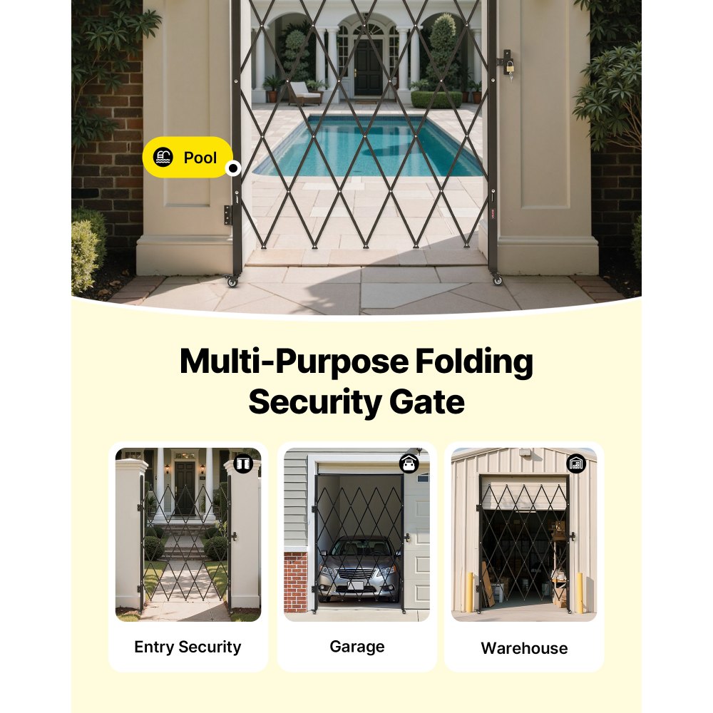 VEVOR Single Folding Security Gate, Lockable Scissor Gate with 360° Swivel Casters, Outdoor Barricade Steel Retractable Gates, for Entry Security, Garage, Warehouse & Pool, 49.61 x 77.76 in (W x H)